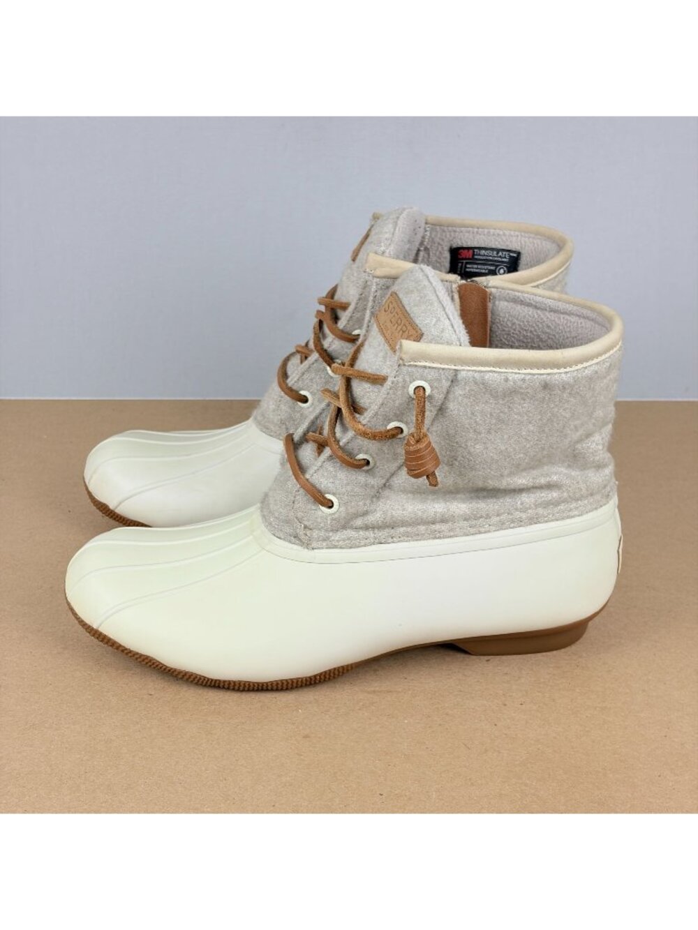 Sperry Saltwater Duck Boots Womens 9 Cream Beige Side Zip Lace Up Waterproof